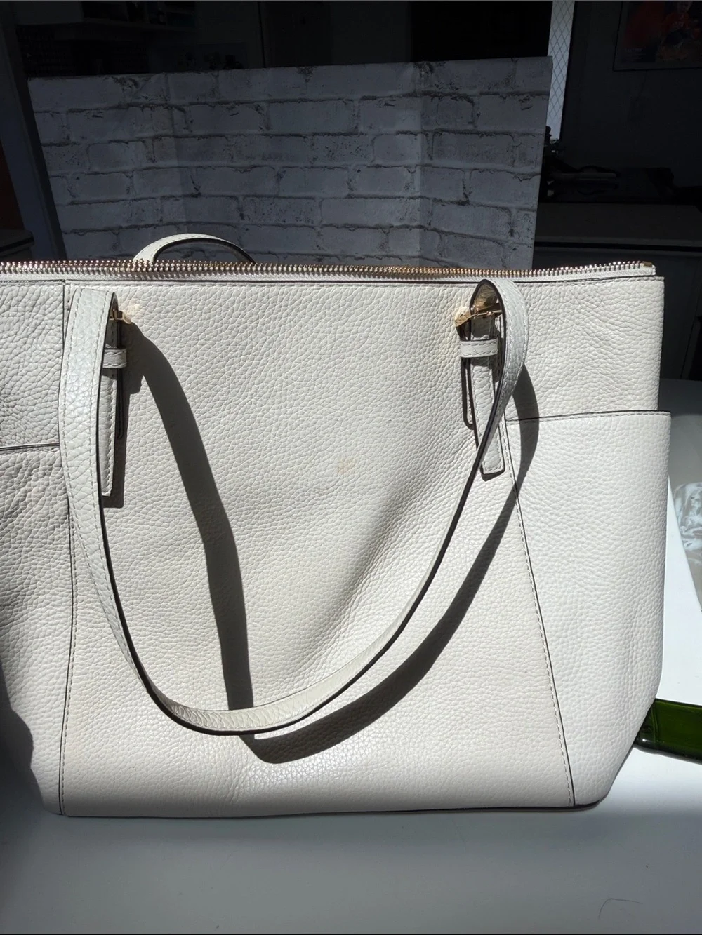 Michael Kors Cream Pebbled Leather Tote with Gold MK Charm